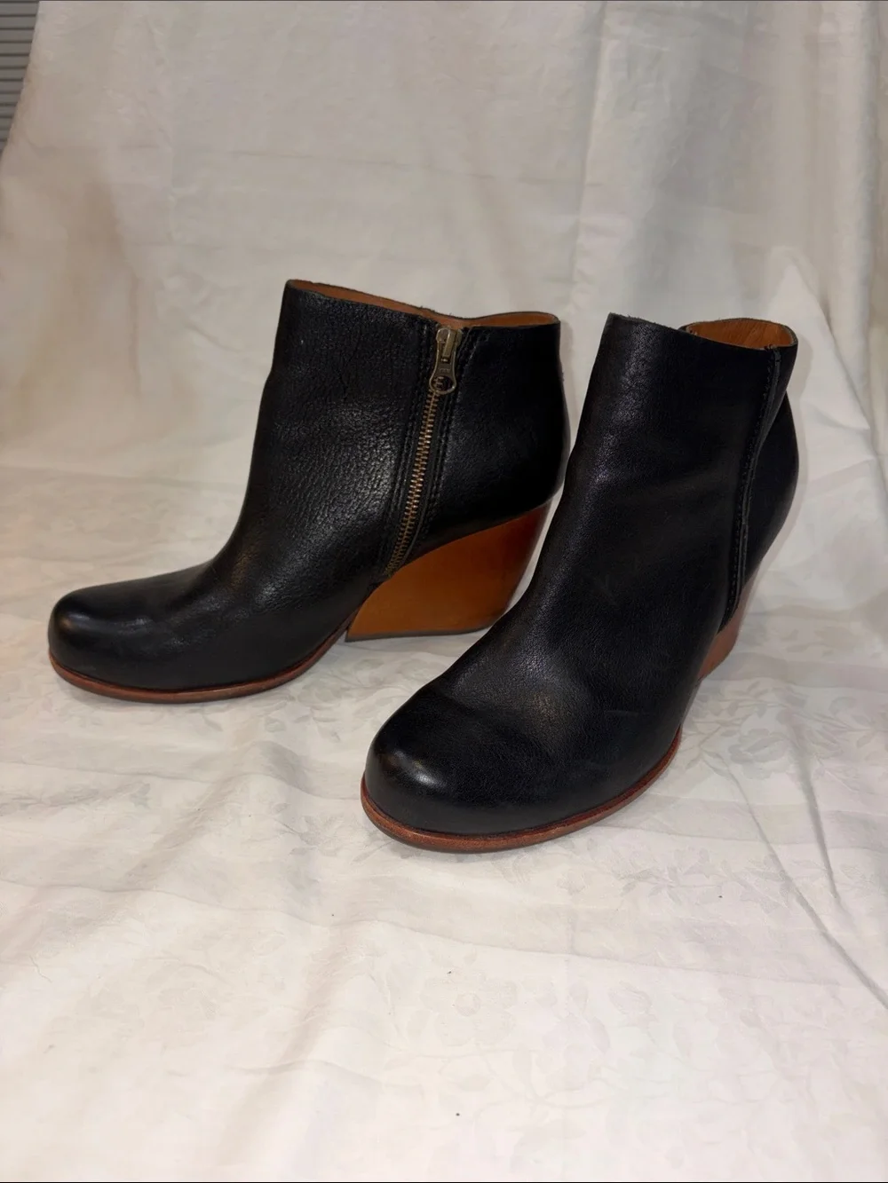 Kork-Ease Black Leather Wedge Ankle Booties with Brown Wedge